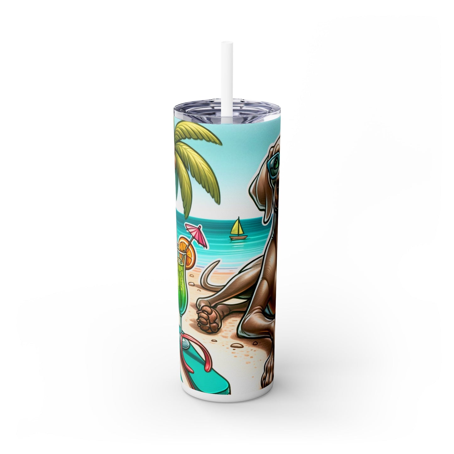 Skinny Tumbler with Straw, 20oz, Dog on Beach, Weimaraner, awd-1251