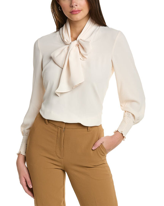 Anne Klein Smocked Cuff Bow Blouse