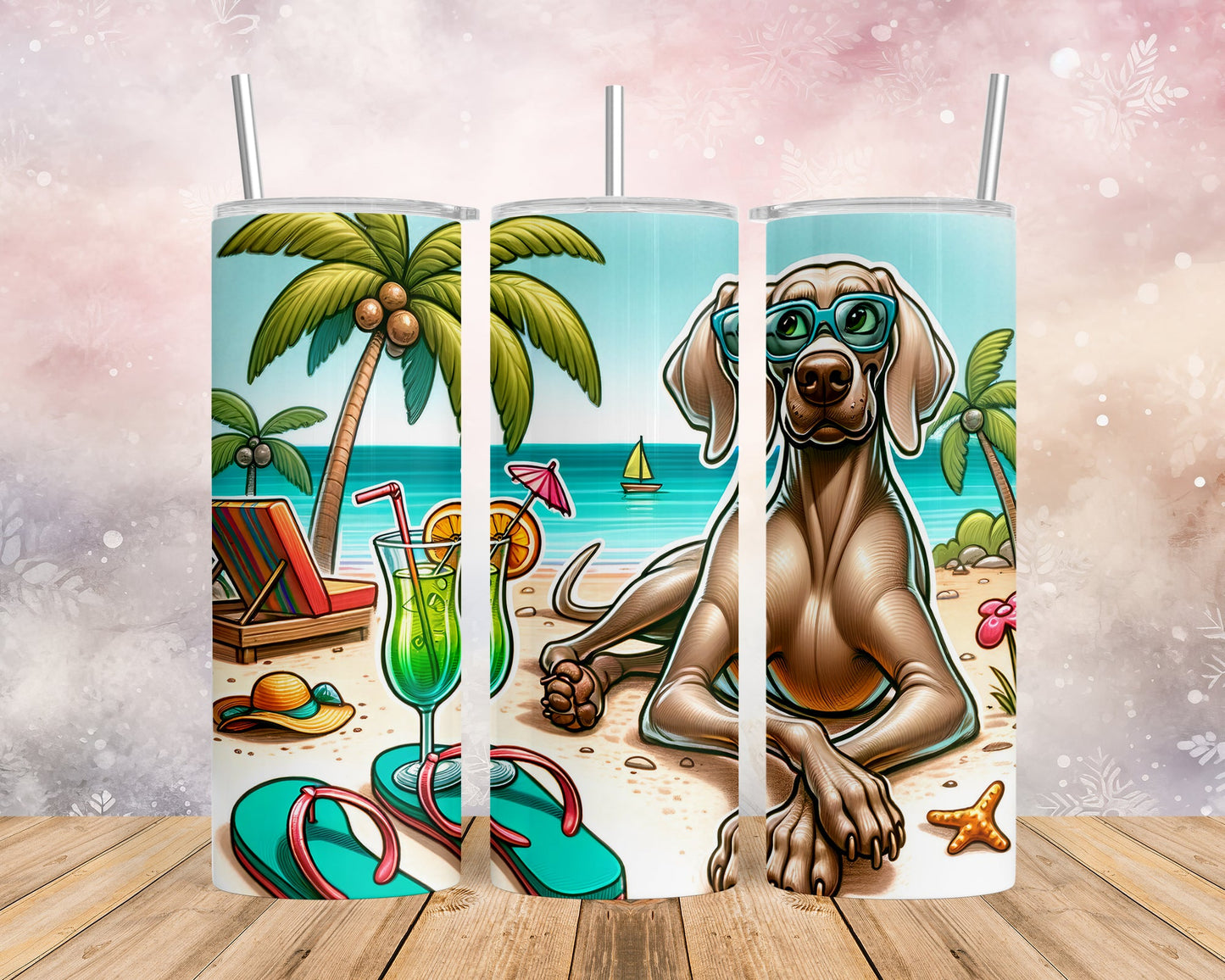 Skinny Tumbler with Straw, 20oz, Dog on Beach, Weimaraner, awd-1251