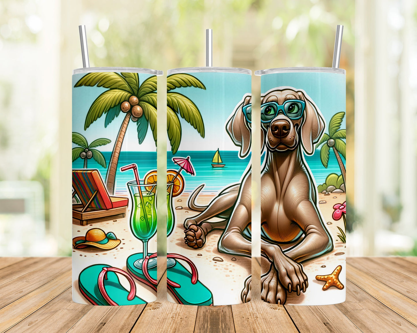 Skinny Tumbler with Straw, 20oz, Dog on Beach, Weimaraner, awd-1251