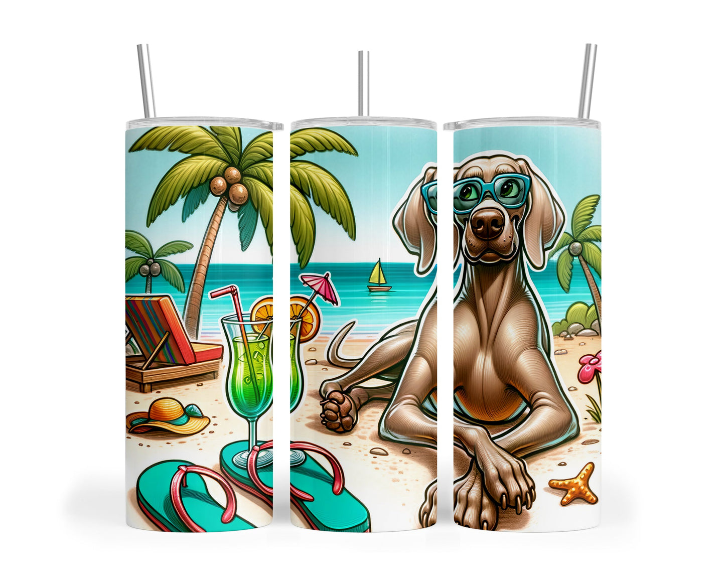 Skinny Tumbler with Straw, 20oz, Dog on Beach, Weimaraner, awd-1251