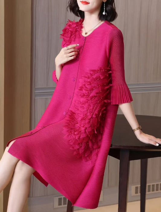 All Pleat Fuschia Ruffle Dress