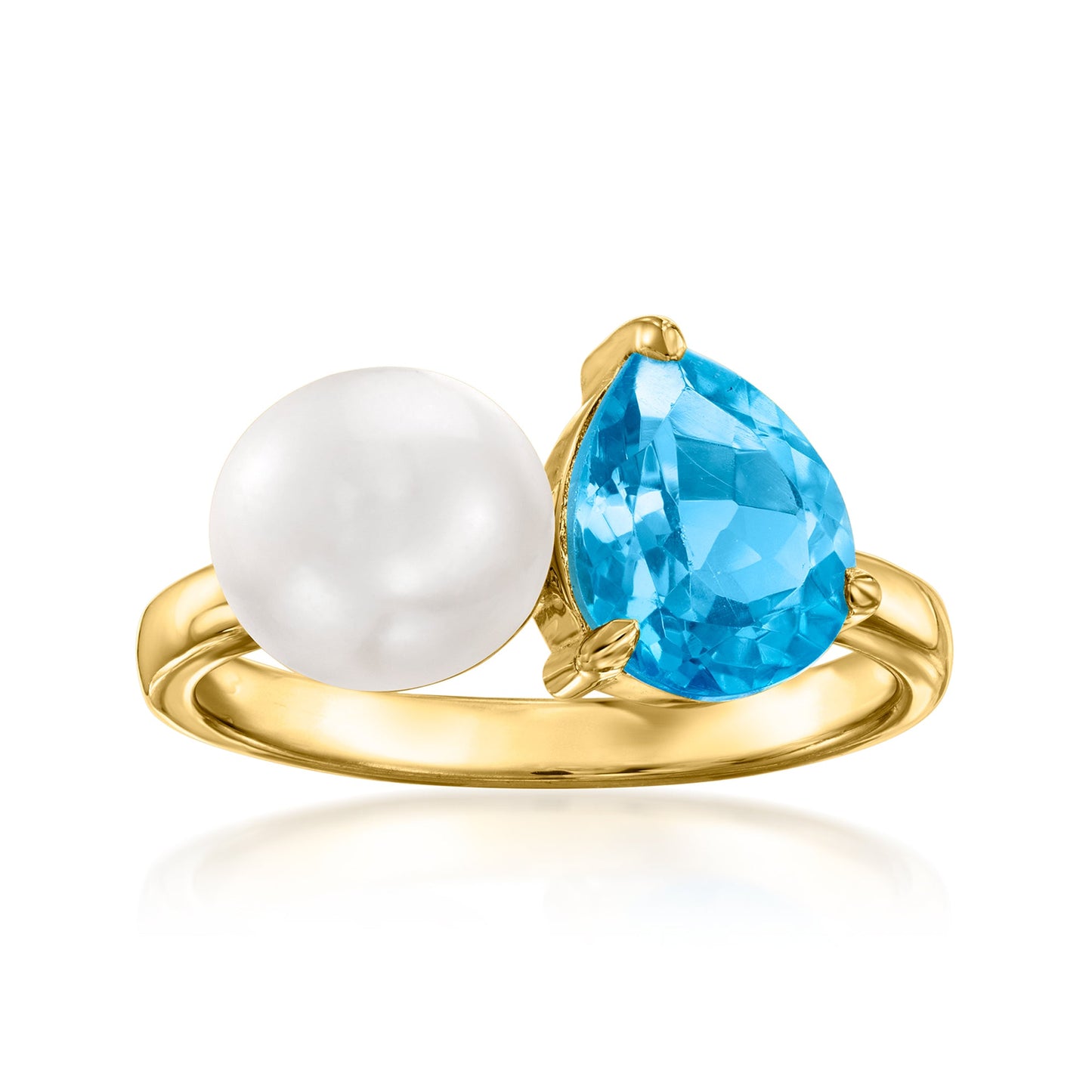 Ross-Simons 7.5-8mm Cultured Pearl and Swiss Blue Topaz Toi Et Moi Ring in 18kt Gold Over Sterling