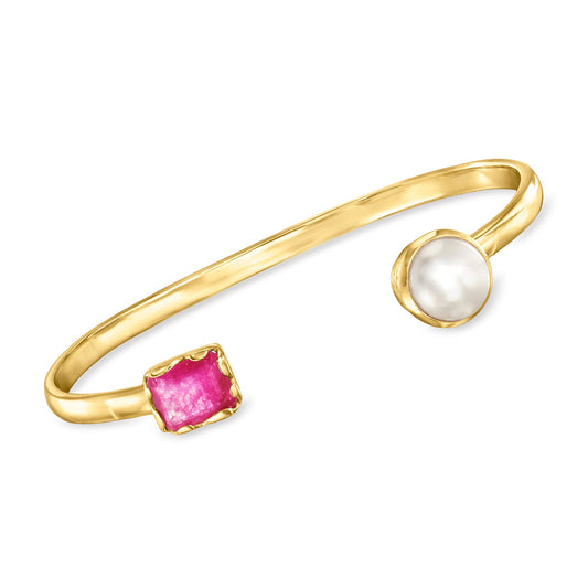 Ross-Simons 10-10.5mm Cultured Pearl and Pink Quartz Cuff Bracelet in 18kt Gold Over Sterling