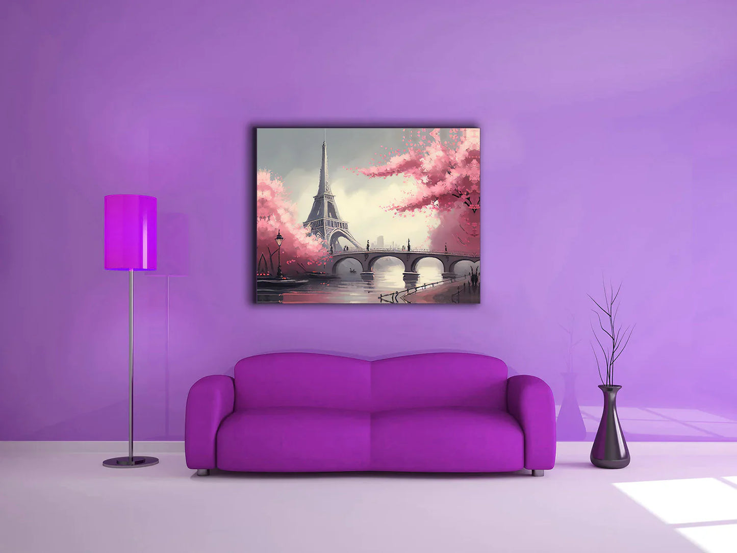 Eiffel Tower Painting With Pink Flowers Canvas- Frame Optional- Model #4836095