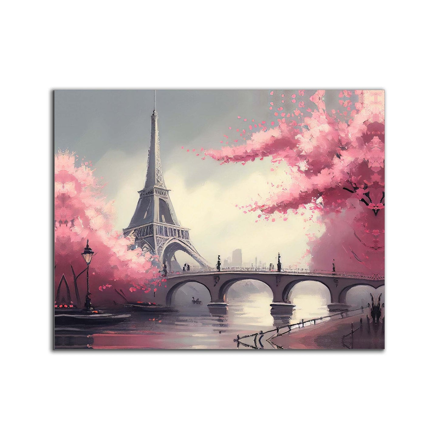 Eiffel Tower Painting With Pink Flowers Canvas- Frame Optional- Model #4836095