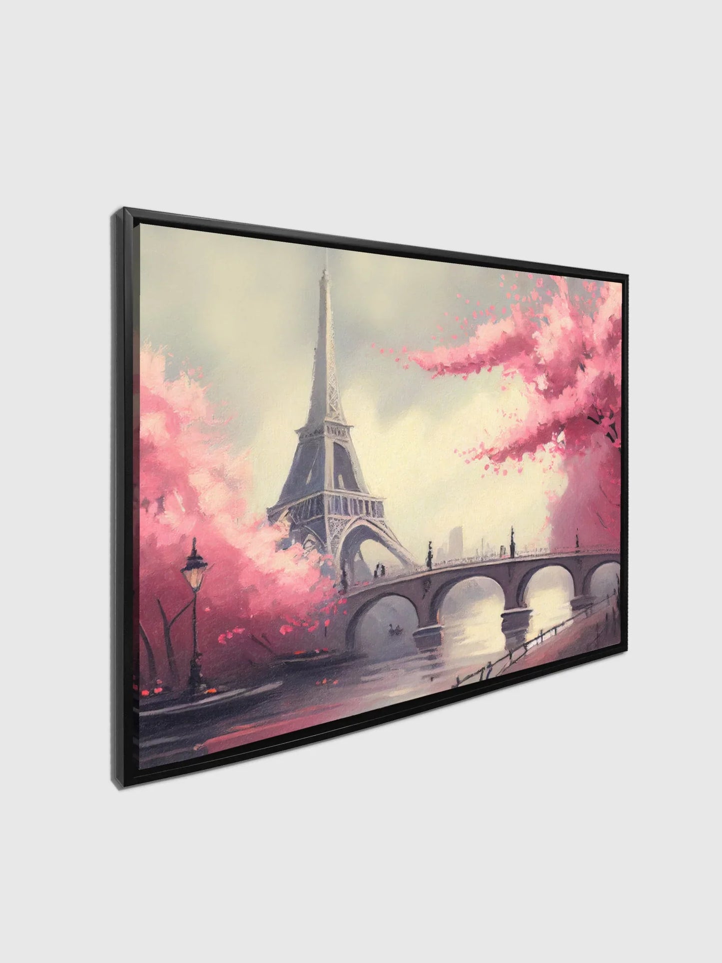 Eiffel Tower Painting With Pink Flowers Canvas- Frame Optional- Model #4836095