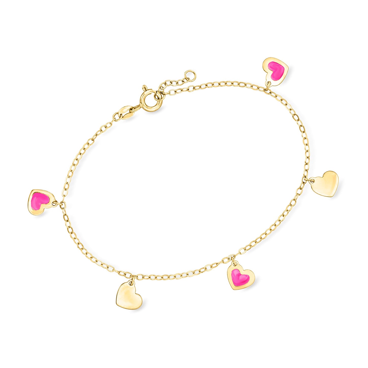 RS Pure by Ross-Simons Italian Pink Enamel Heart Station Bracelet in 14kt Yellow Gold