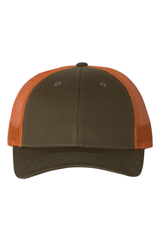 Richardson Mens Snapback Trucker Hat - Dark Loden Green/Jaffa Orange - NEW