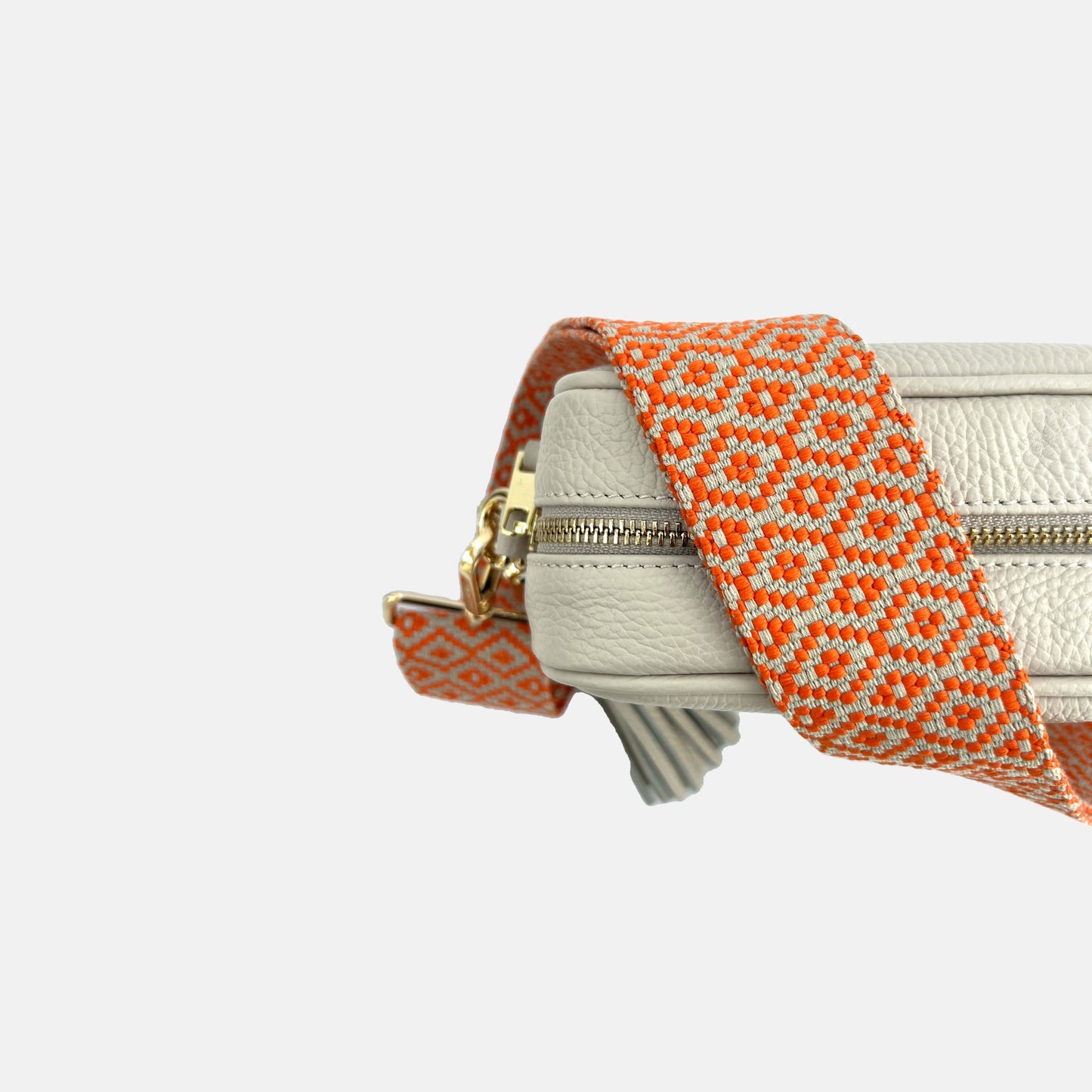 Stone Leather Crossbody Bag With Orange Cross-Stitch Strap