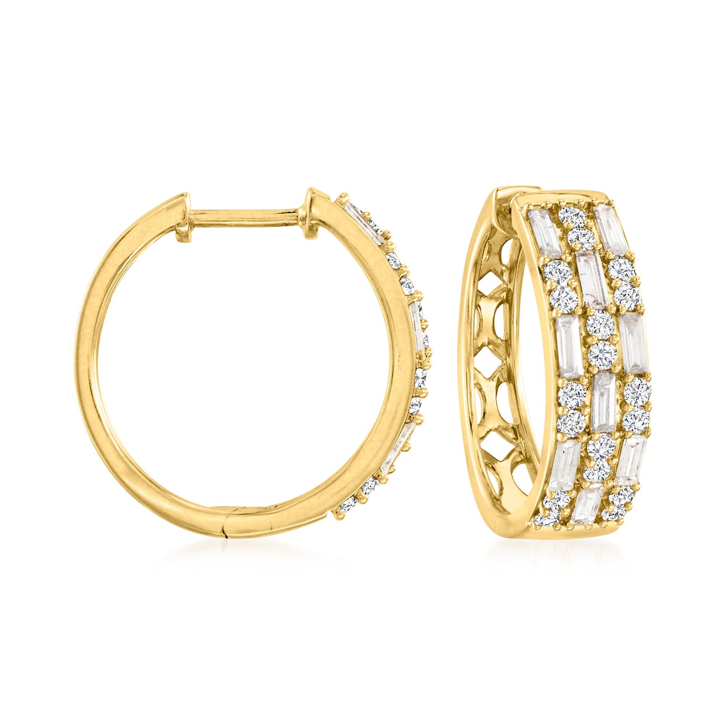 Ross-Simons Baguette and Round Diamond Hoop Earrings in 14kt Yellow Gold