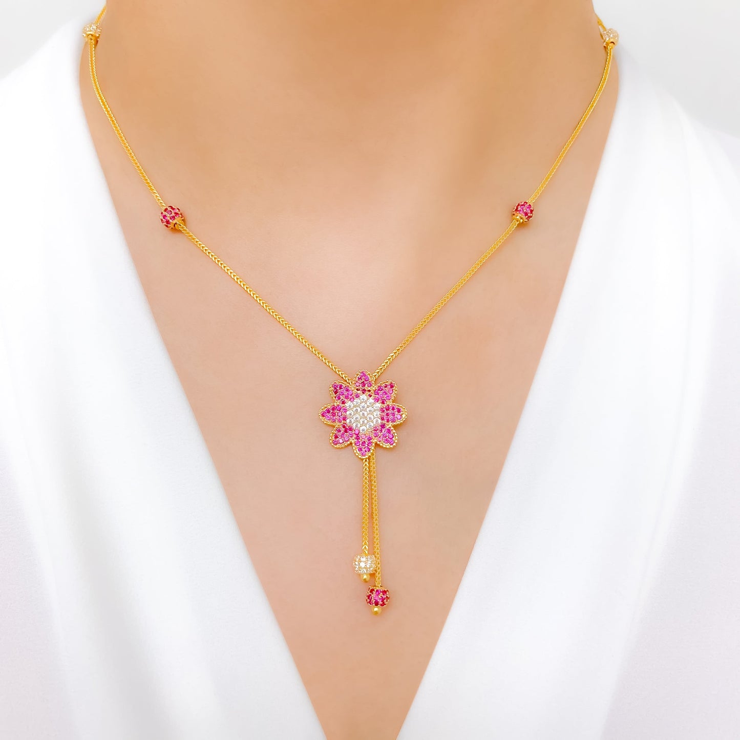 Fancy Pink + White Floral CZ Necklace