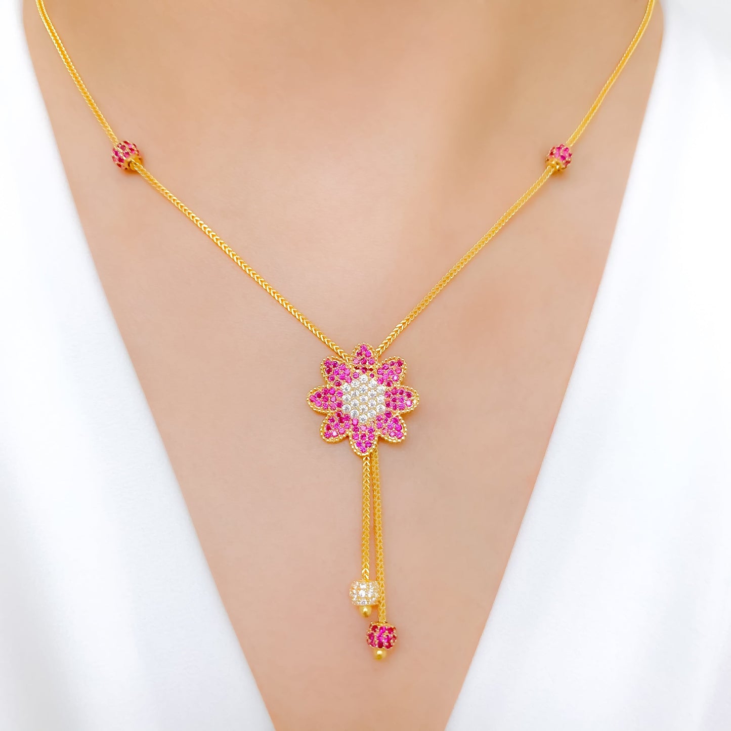 Fancy Pink + White Floral CZ Necklace