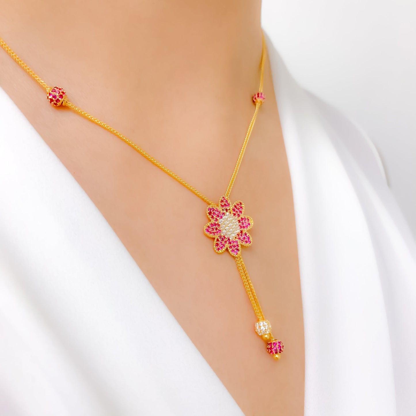 Fancy Pink + White Floral CZ Necklace