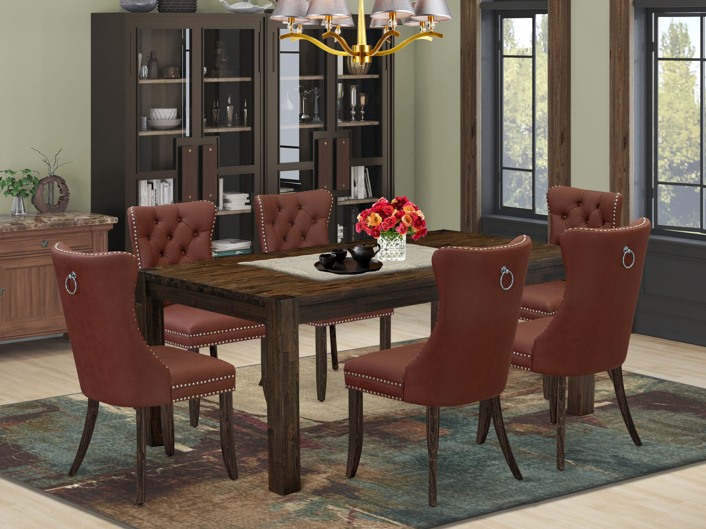 East West Furniture LMDA7-07-T26 7 Piece Dining Table Set Consists of a Rectangle Rustic Wood Table and 6 Upholstered Parson Chairs, 40x72 Inch, Distressed Jacobean