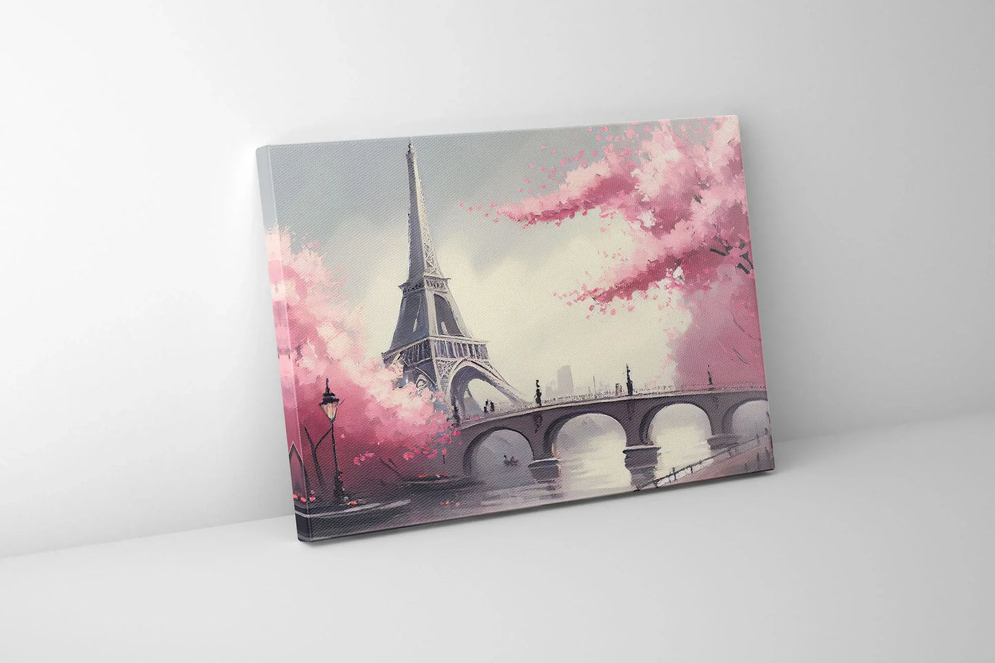 Eiffel Tower Painting With Pink Flowers Canvas- Frame Optional- Model #4836095