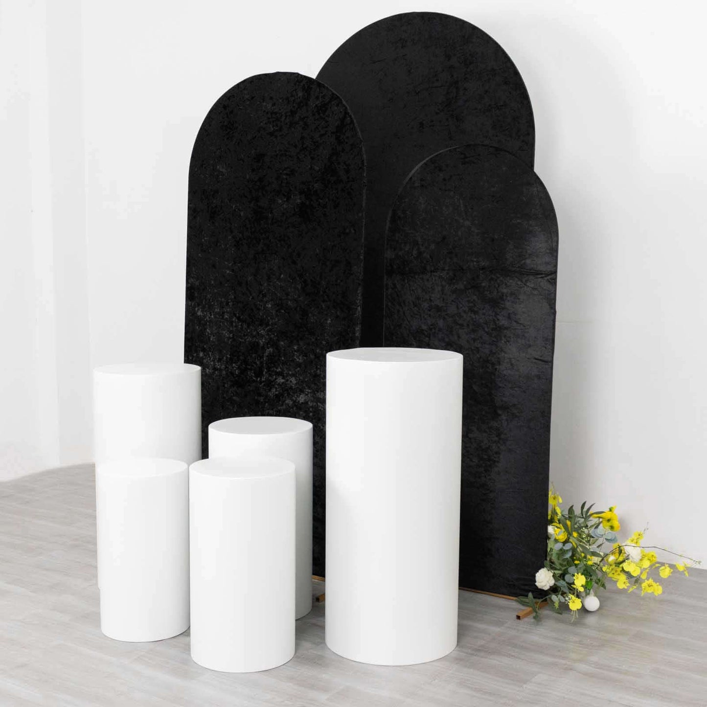 Set of 3 Black Crushed Velvet Chiara Wedding Arch Covers For Round Top Backdrop Stands 5ft, 6ft, 7ft