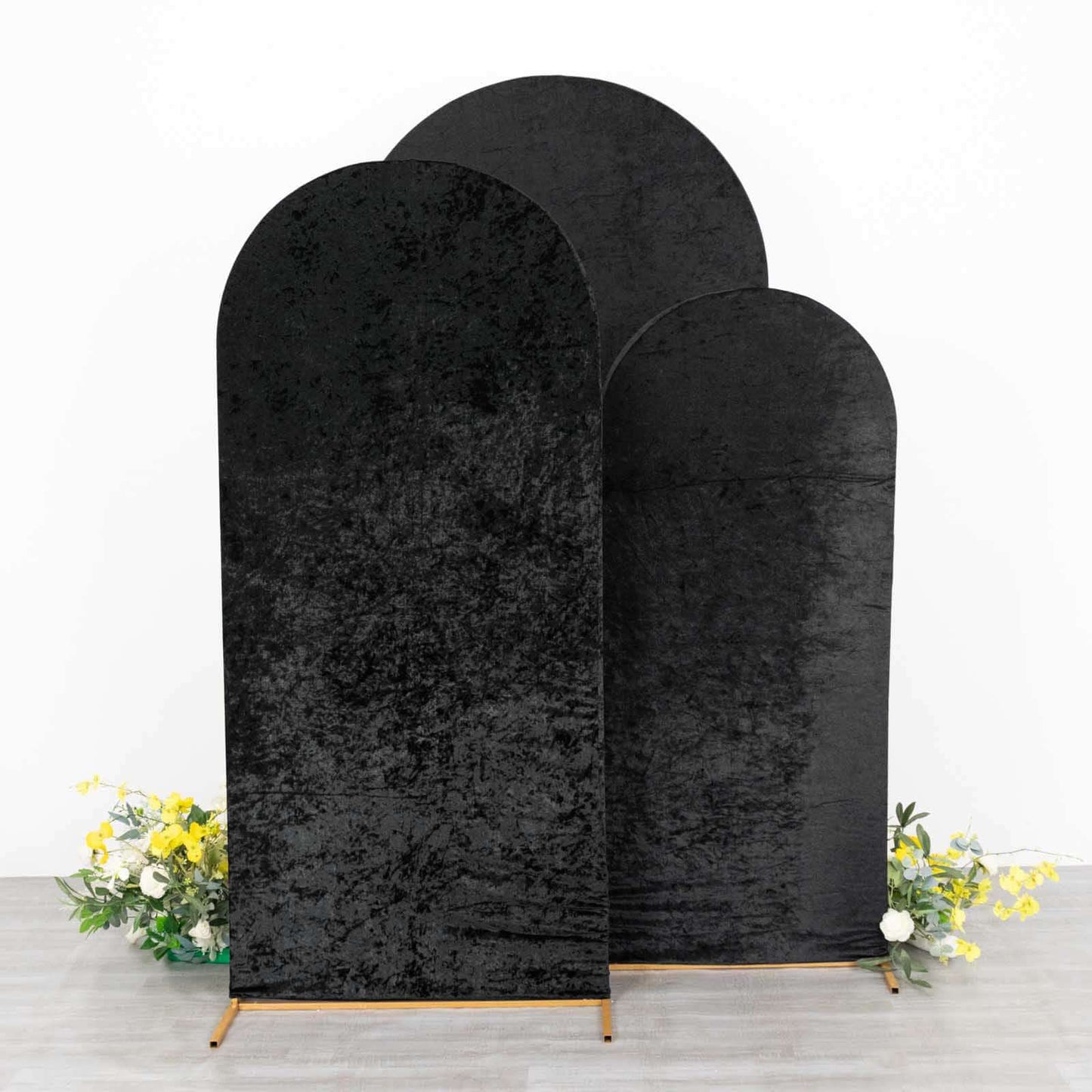 Set of 3 Black Crushed Velvet Chiara Wedding Arch Covers For Round Top Backdrop Stands 5ft, 6ft, 7ft