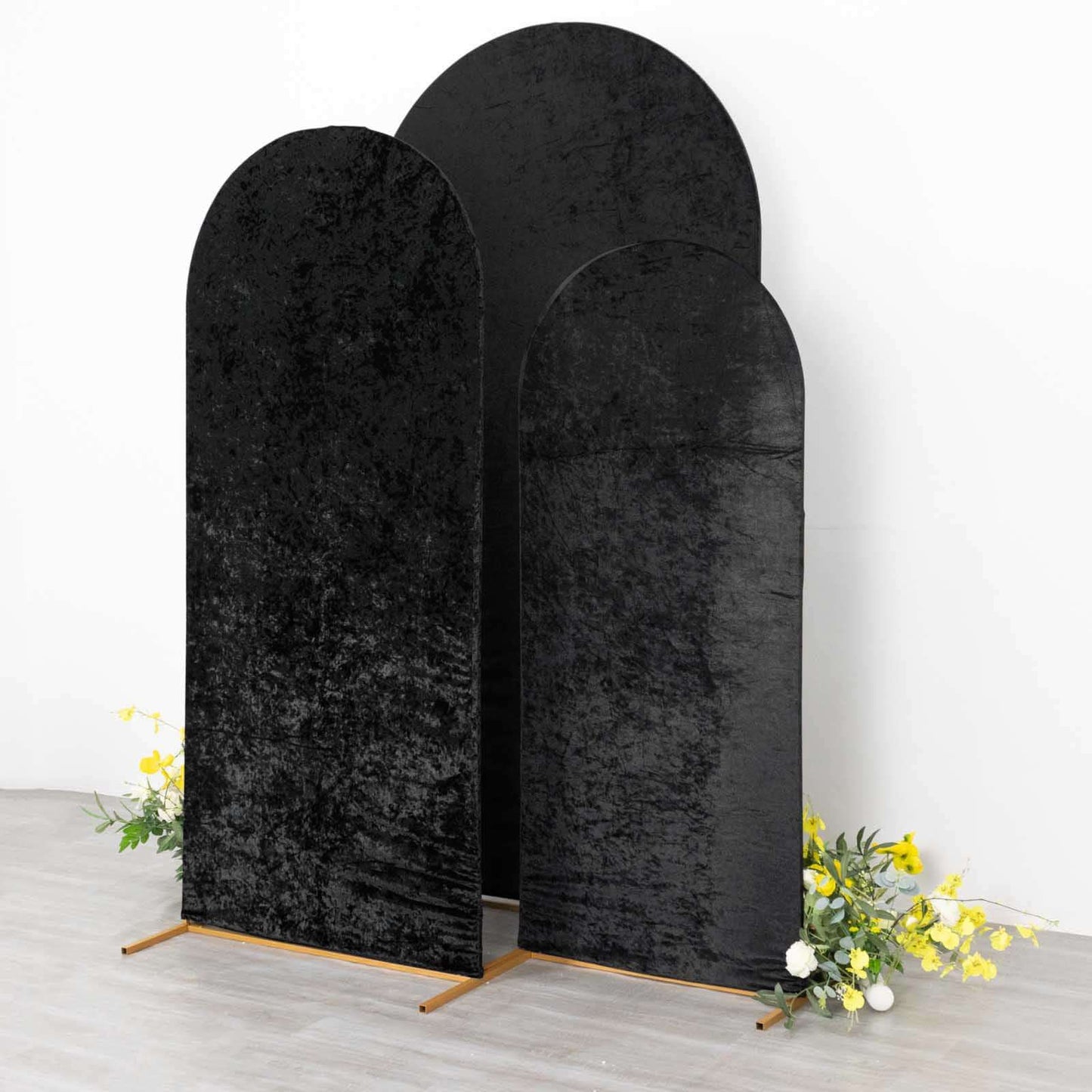 Set of 3 Black Crushed Velvet Chiara Wedding Arch Covers For Round Top Backdrop Stands 5ft, 6ft, 7ft