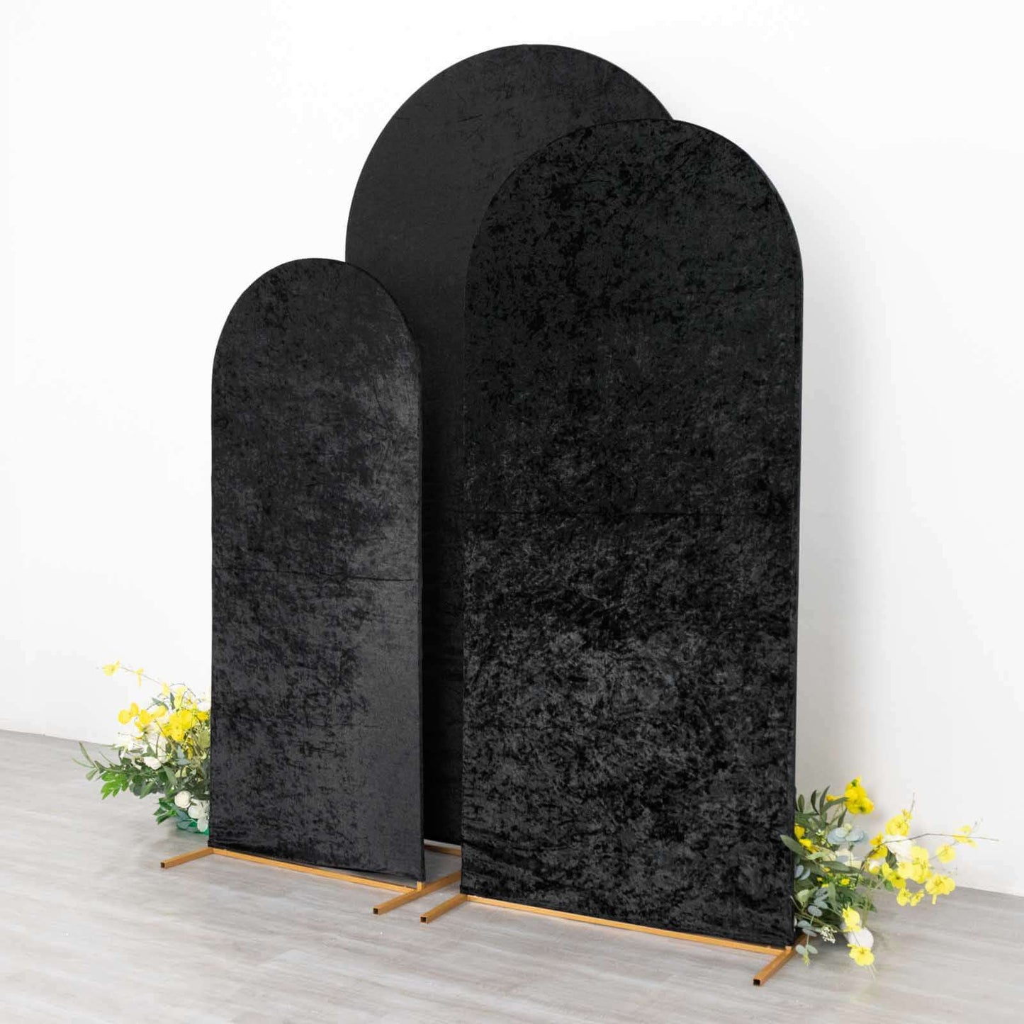 Set of 3 Black Crushed Velvet Chiara Wedding Arch Covers For Round Top Backdrop Stands 5ft, 6ft, 7ft