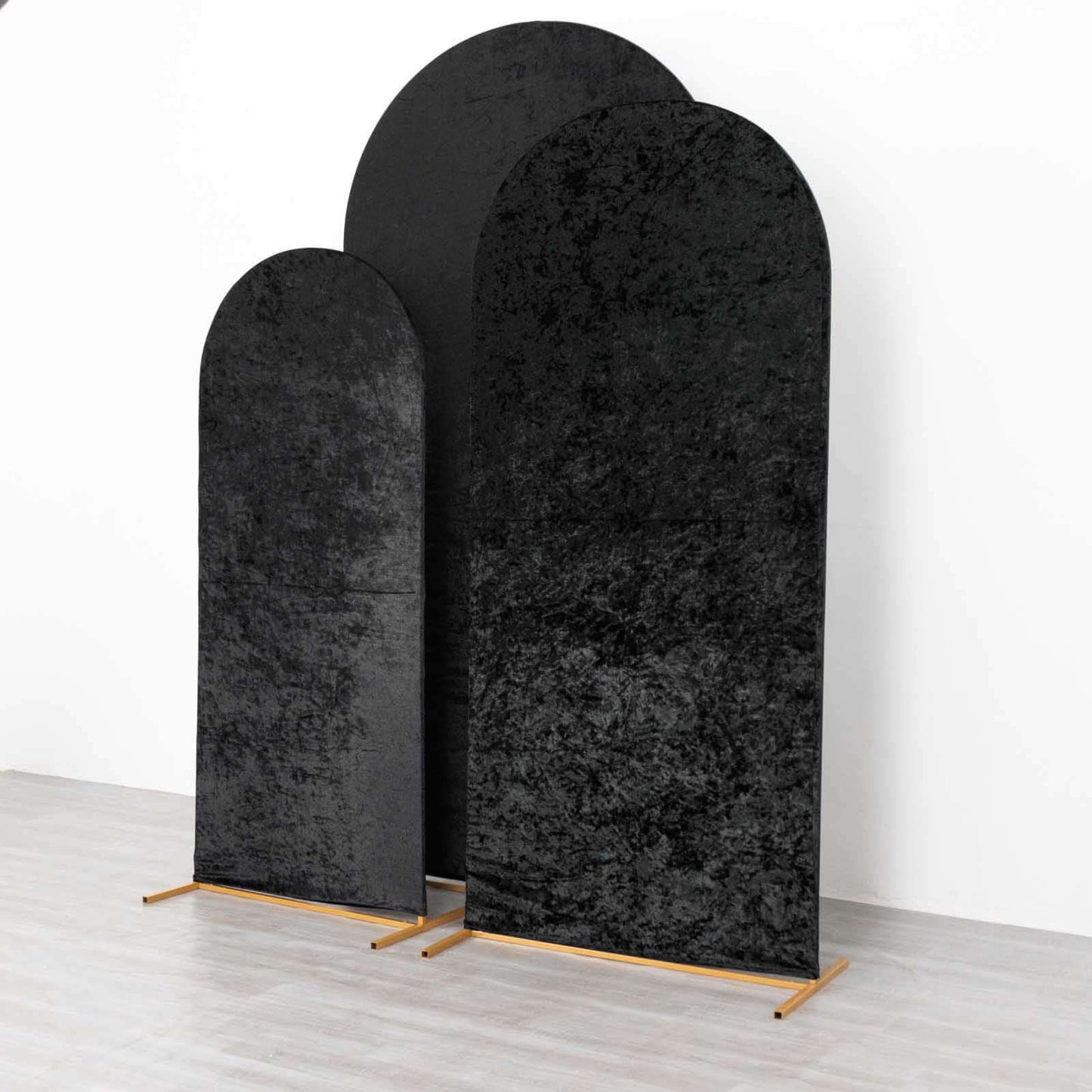 Set of 3 Black Crushed Velvet Chiara Wedding Arch Covers For Round Top Backdrop Stands 5ft, 6ft, 7ft