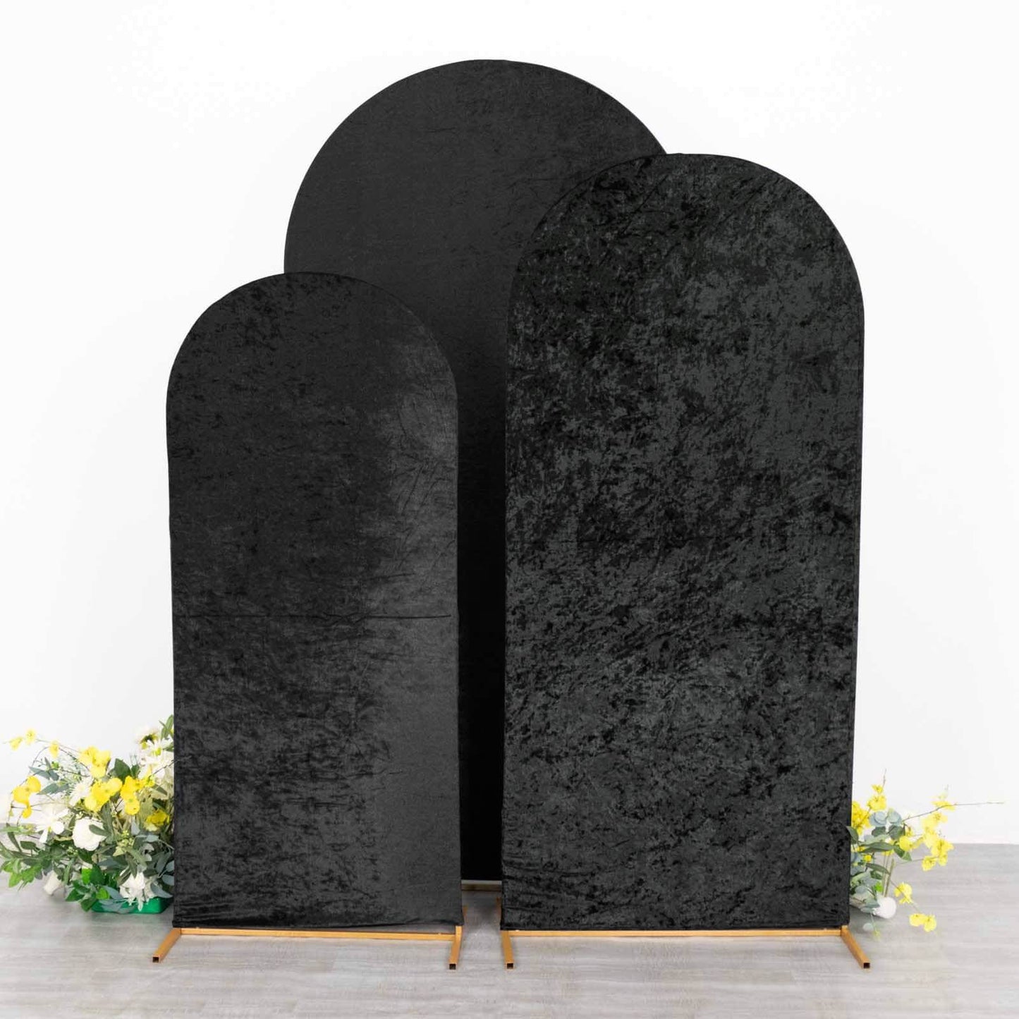 Set of 3 Black Crushed Velvet Chiara Wedding Arch Covers For Round Top Backdrop Stands 5ft, 6ft, 7ft