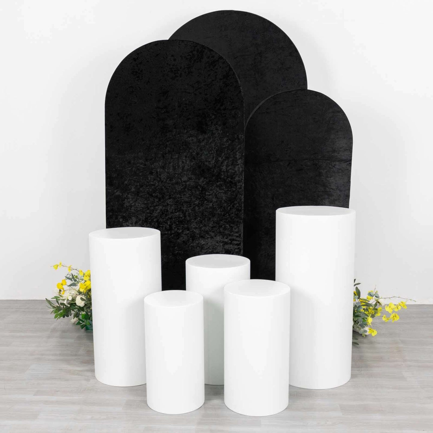 Set of 3 Black Crushed Velvet Chiara Wedding Arch Covers For Round Top Backdrop Stands 5ft, 6ft, 7ft