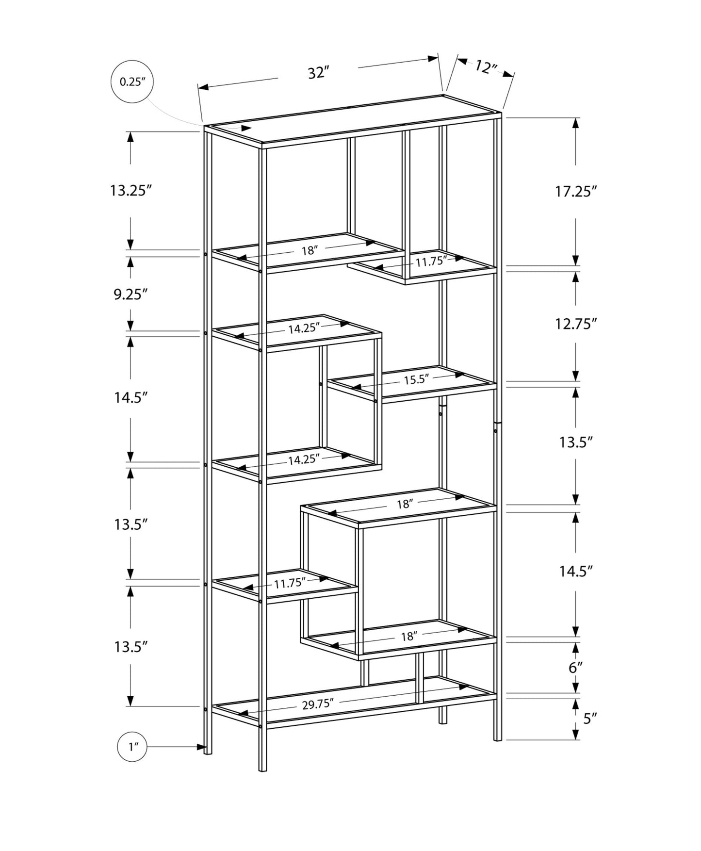 Bookcase - 72"H / Silver Metal With Tempered Glass