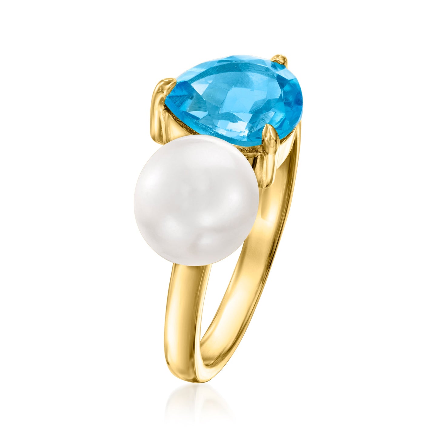 Ross-Simons 7.5-8mm Cultured Pearl and Swiss Blue Topaz Toi Et Moi Ring in 18kt Gold Over Sterling