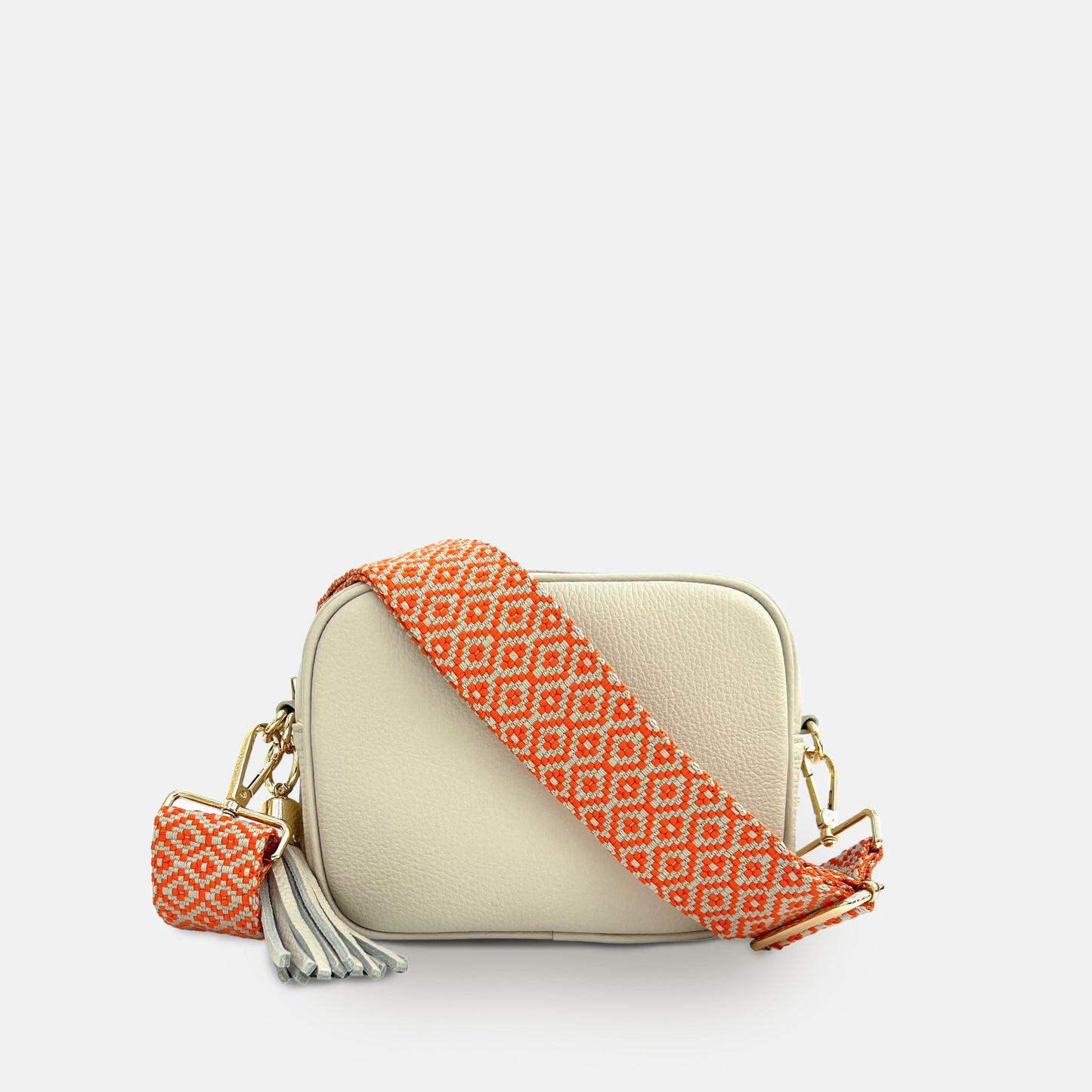 Stone Leather Crossbody Bag With Orange Cross-Stitch Strap