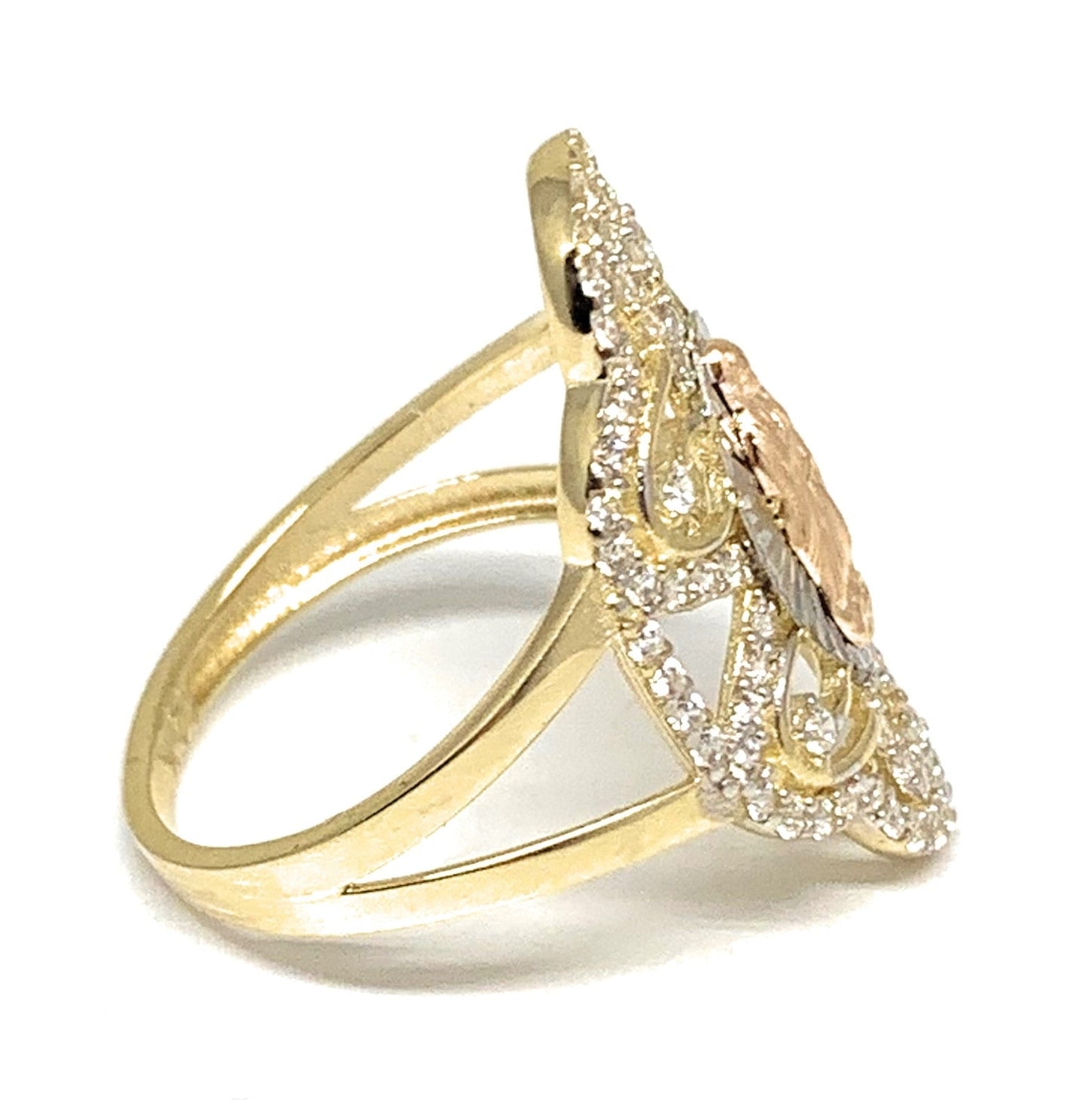 14k Solid Gold Tri-Color Virrgin Mary CZ Fancy Elegant Ring