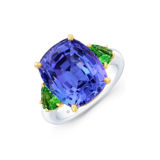 Cushion Cut 10.95 ct Platinum Tanzanite and Green Tourmaline Heart Ring