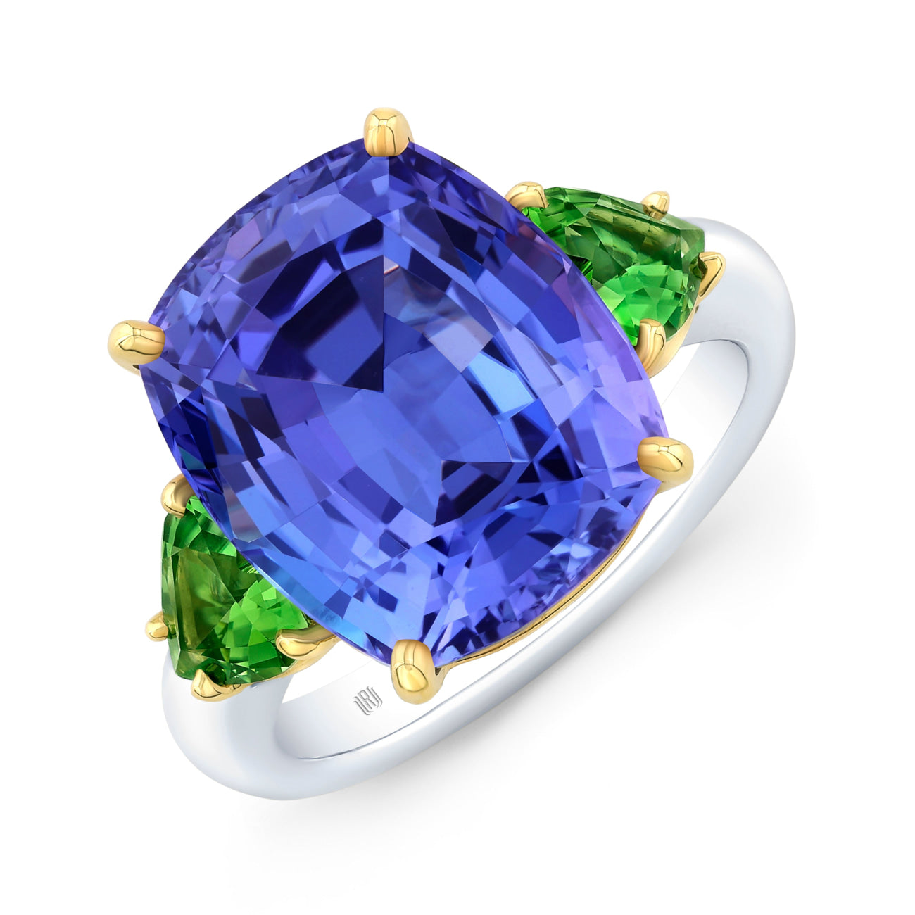 Cushion Cut 10.95 ct Platinum Tanzanite and Green Tourmaline Heart Ring