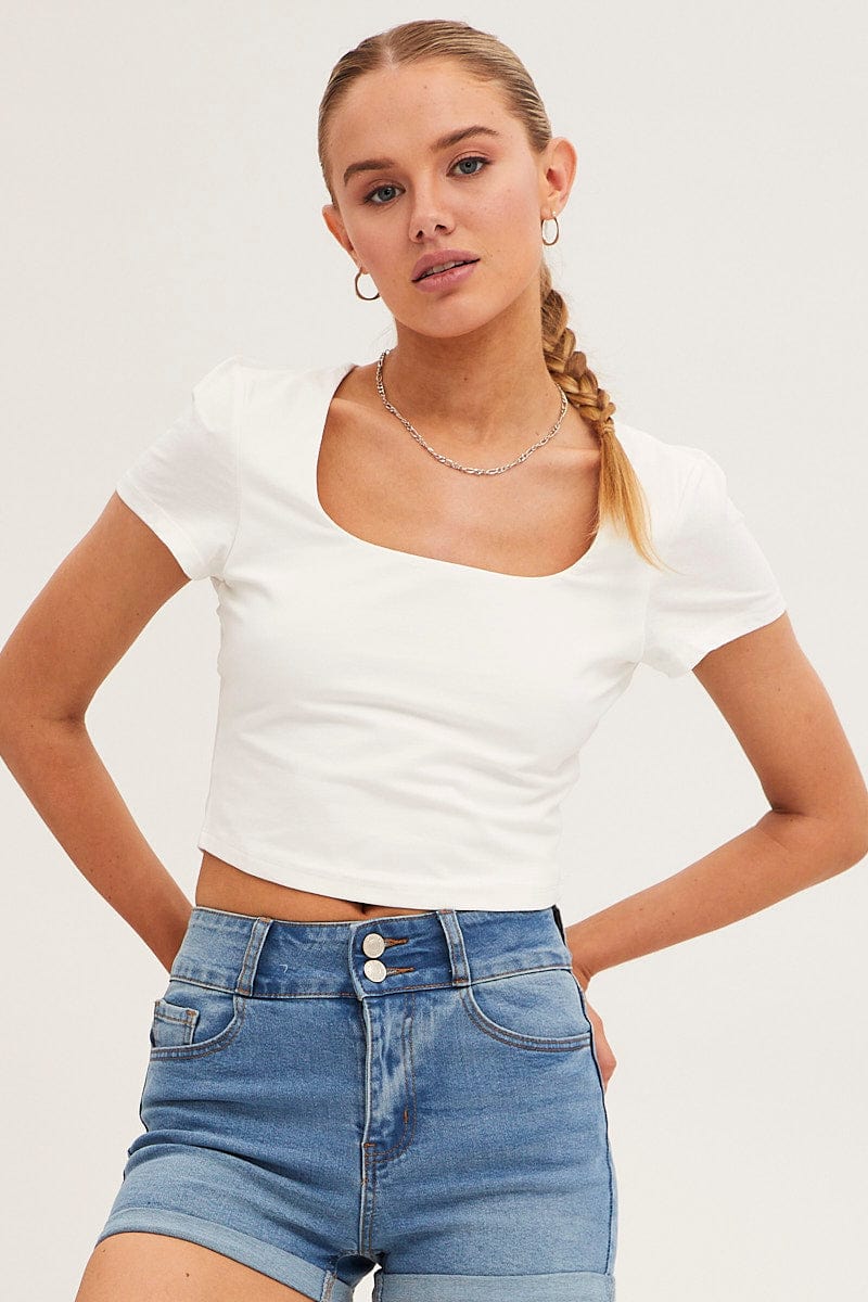 White T Shirt Short Sleeve Crop Cotton