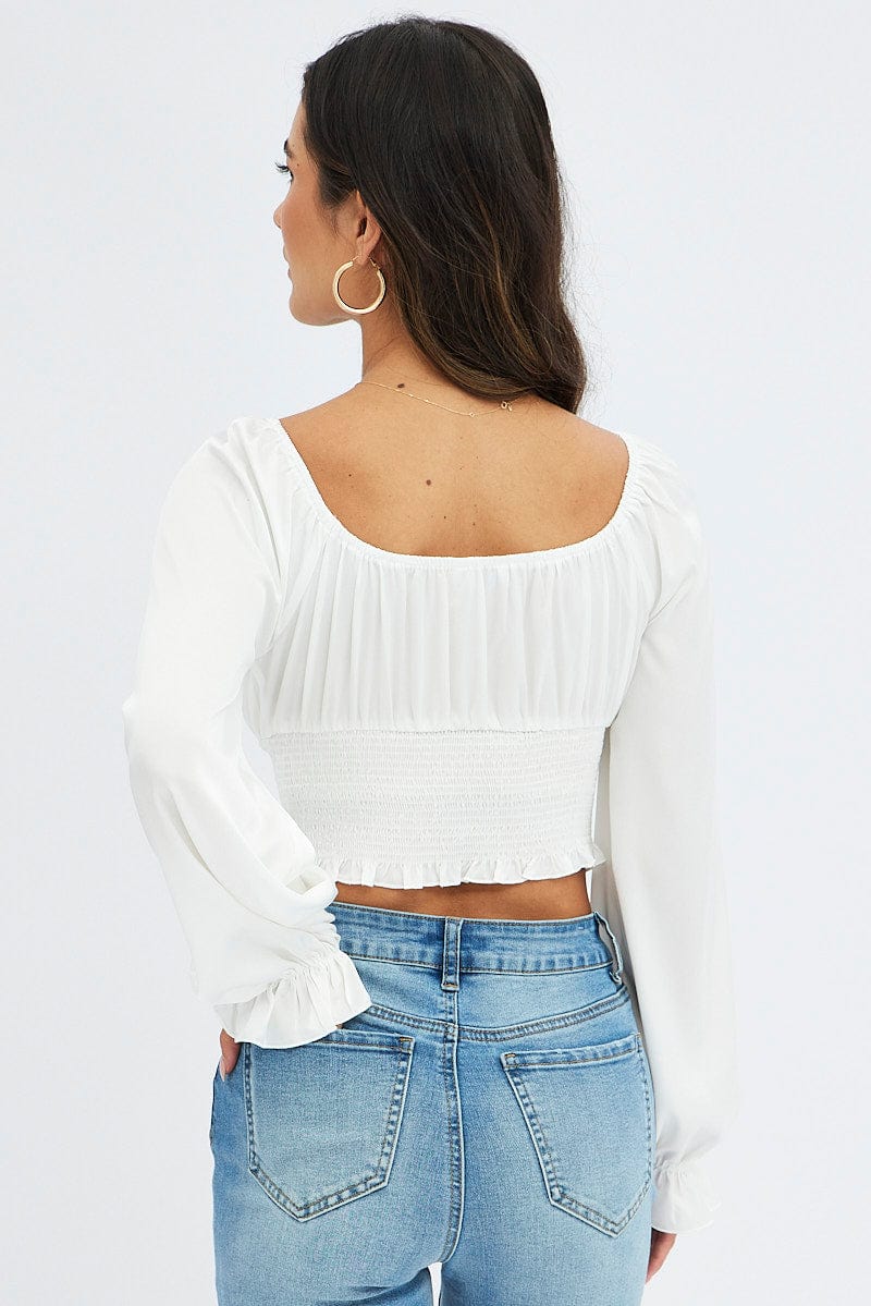 White Crop Top Long Sleeve Scoop Neck Shirred Satin